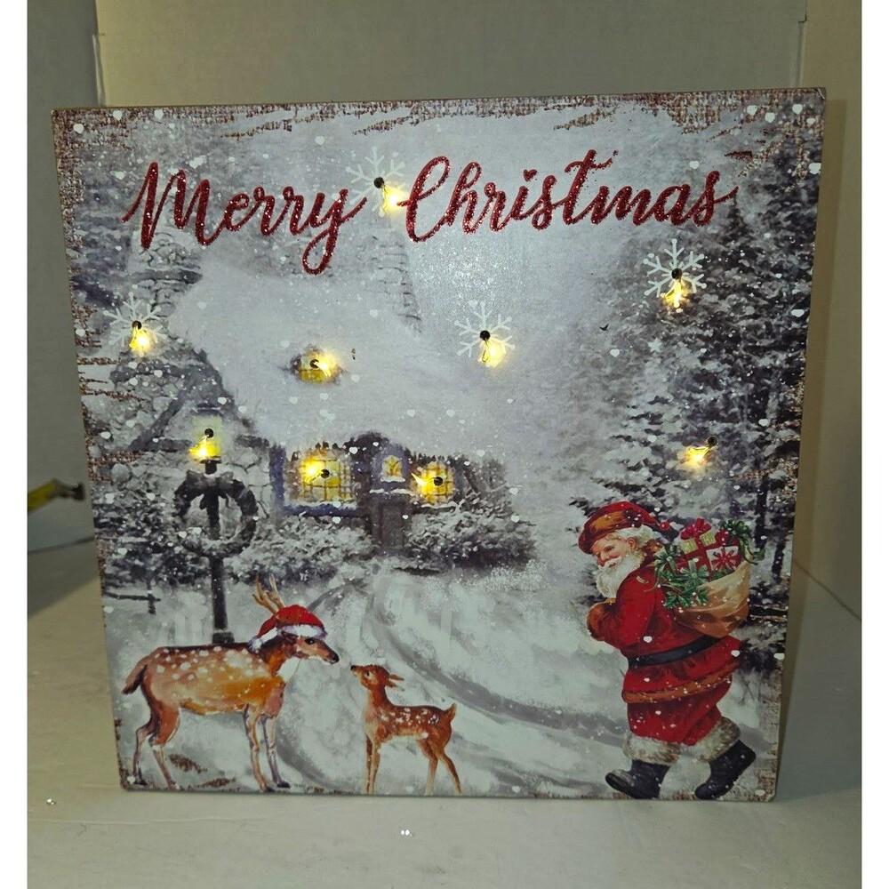 LED Lighted Christmas Canvas Wall Decor Santa Claus Vertical Battery 10 in